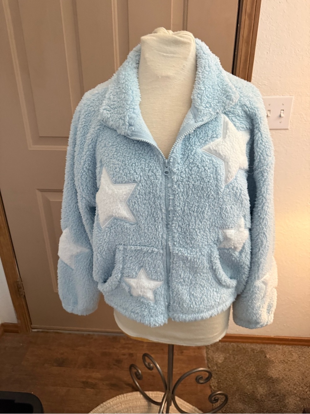 Madden Girl Light Blue Sherpa Jacket with White Stars